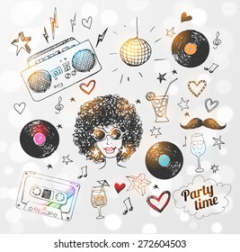 Colored sketch retro party objects. Vector illustration.