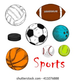 Colored sketch of sport items for team games with ice hockey pucks and balls for soccer or football, baseball, rugby, volleyball, basketball and bowling