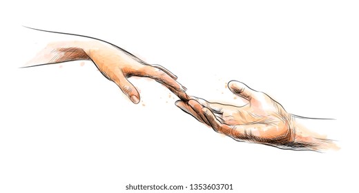 Colored sketch touching hands from a splash of watercolor. Vector illustration of paints