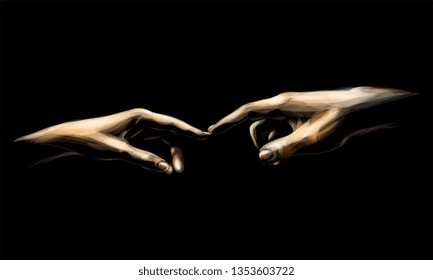 Colored sketch touching hands from a splash of watercolor. Vector illustration of paints