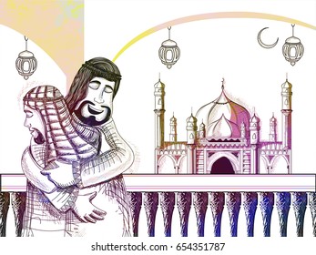 Colored sketch of two traditional arabic men hugging each other on the holy occasion of blessed festival Eid Mubarak in front of mosque.