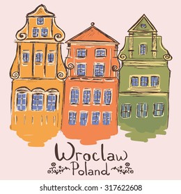 Colored sketch of typical buildings at market square in Wroclaw, Poland