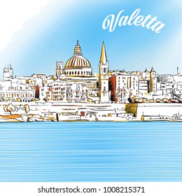 Farbige Skizze von Valetta, Malta. Handgezeichnete Vektorgrafik mit moderner Headline. Verwendung für Grußkarten und Reisemarketing.