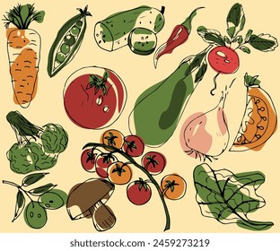 Boceto coloreado de verduras, dibujado a mano con líneas simples. Ilustración vectorial con objetos aislados sobre fondo beige.