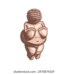 Farbige Darstellung der Venus von Willendorf. Ikonische fettleibige weibliche Figur. Symbol der Fruchtbarkeit, des Überflusses und der Mutter aus der späten Altsteinzeit. Paläontologische Artefakte, Beispiel für primitive Kunst.