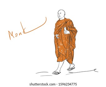 Farbige Skizze des wandelnden buddhistischen Mönchs mit Smartphone in der Hand, handgezeichnete Vektorgrafik einzeln