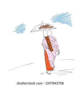 Colored sketch of walking buddhist nun under umbrella, Hand drawn vector illustration