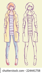 Colored sketch of young woman fashion model wearing casual autumn / spring / winter clothes, hand-drawn sketch style vector illustration isolated on background