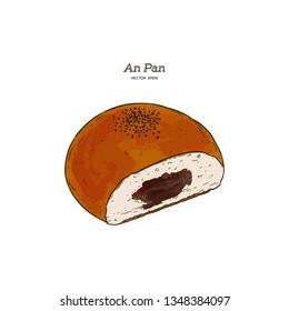 Colored sketches of Anpan bread. Vector drawing of Sweet bun food, usually known in Japan. Colored Bread illustration series. - Vector