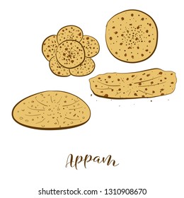 Dibujos coloreados de pan Appam. Dibujo vectorial de Varies ampliamente comida, conocido en India. Serie de ilustraciones de pan de color.