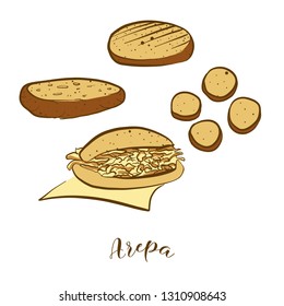 Colored sketches of Arepa bread. Vector drawing of Cornbread food, usually known in South America. Colored Bread illustration series.