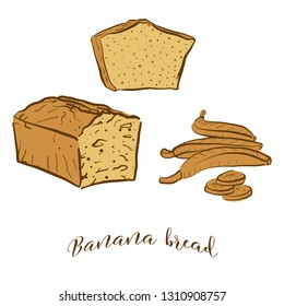 Colored sketches of Banana bread bread. Vector drawing of Sweet bread food, usually known in United States. Colored Bread illustration series.
