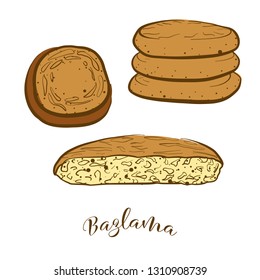 Colored sketches of Bazlama bread. Vector drawing of Flatbread food, usually known in Turkey. Colored Bread illustration series.