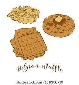 Esbozos de pan belga de gofre. Dibujo vectorial de la comida Waffle, normalmente conocida en Bélgica. Serie de ilustraciones de pan de color.