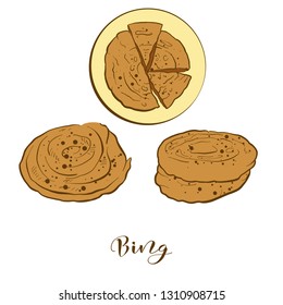 Colored sketches of Bing bread. Vector drawing of Flatbread food, usually known in China. Colored Bread illustration series.