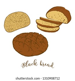 Colored sketches of Black bread bread. Vector drawing of Rye bread food, usually known in Europe. Colored Bread illustration series.