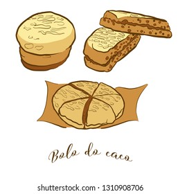 Colored sketches of Bolo do caco bread. Vector drawing of Flatbread food, usually known in Portugal, Madeira. Colored Bread illustration series.