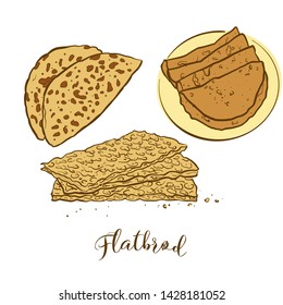 Colored sketches of Flatbrød bread. Vector drawing of Flatbread food, usually known in Norway. Colored Bread illustration series.