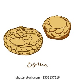 Colored sketches of Cesnica bread. Vector drawing of Soda bread food, usually known in Serbia. Colored Bread illustration series.
