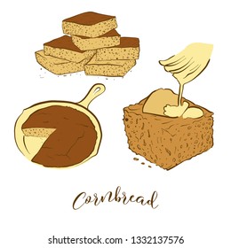 Colored sketches of Cornbread bread. Vector drawing of Cornbread food, usually known in America. Colored Bread illustration series.