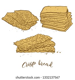 Colored sketches of Crisp bread bread. Vector drawing of Crispy bread food, usually known in Scandinavia. Colored Bread illustration series.