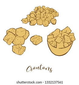 Colored sketches of Croutons bread. Vector drawing of Crispy bread food, usually known in France. Colored Bread illustration series.