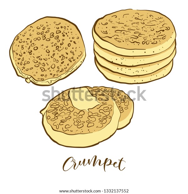 Colored sketches of Crumpet bread. Vector drawing\
of Flatbread food, usually known in United Kingdom. Colored Bread\
illustration series.