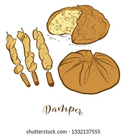 Colored sketches of Damper bread. Vector drawing of Soda bread food, usually known in Australia. Colored Bread illustration series.
