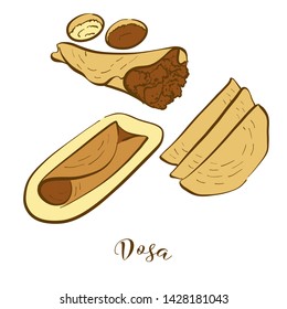 Colored sketches of Dosa bread. Vector drawing of Pancake food, usually known in India. Colored Bread illustration series.