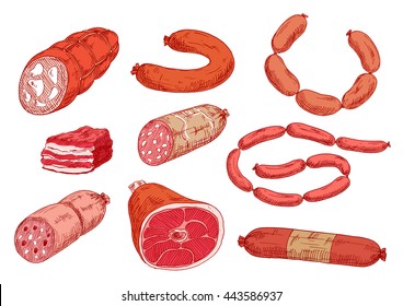 Colored sketches of smoked sausages, sticks of salami, pepperoni and bologna, bacon and ham. Meat delicatessen icons for food packaging, old fashioned recipe book or kitchen interior design