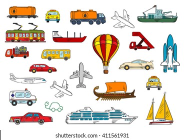 Colored sketches of transport with cars and taxi, airplanes, ambulance, bus, fishing boat,  yacht, electric train and car, cruise liner, air balloon, baggage truck and passenger stairs, space shuttle