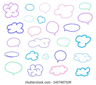 Colored sketchy clouds on white. Set of hand drawn think and talk speech bubbles. Line art