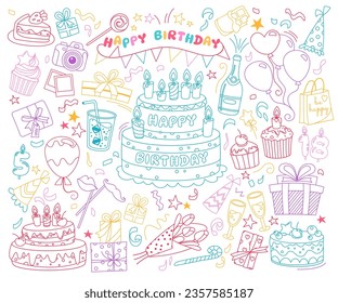 Birthday party vector seamless pattern. Outline illustrations of cake