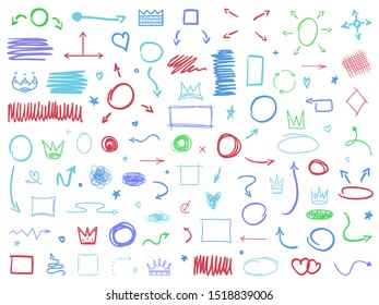 Colored sketchy elements isolated on white. Hand drawn simple sketches. Abstract signs. Sketchy symbols for work