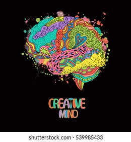 Colored Sketchy Human Brain Doodle Decorative Curves, Creative Mind, Learning And Design