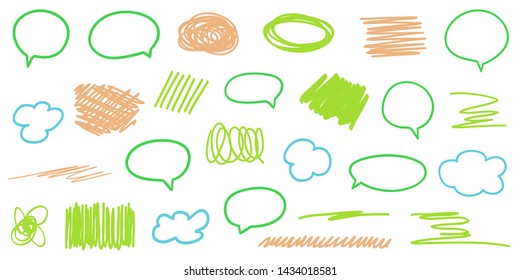 Colored sketchy shapes on isolated white. Set of hand drawn think and talk speech bubbles. Scribble colorful backgrounds with array of lines. Line art creation