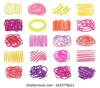 Colored sketchy shapes on white. Scribble colorful backgrounds with array of lines. Line art creation