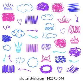 Colored sketchy shapes and signs on white. Scribble colorful backgrounds with array of lines. Line art creation