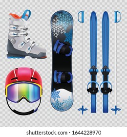 Iconos realistas para equipos de esquí y snowboard aislados en ilustración transparente vectorial