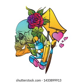 Colored skull with art supplies on a white background in cartoon style.
