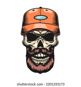 Colored skull badge. Scary skull with bandana, crown, gentleman cap, hair and headset isolated vector illustration. Shirt design and racer tattoo concept