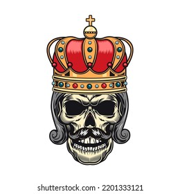 Colored skull badge. Scary skull with crown isolated vector. Design and racer tattoo