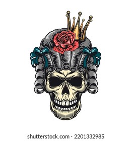 Colored skull badge. Scary skull with gentleman cap, hair and headset isolated vector illustration. Shirt design and racer tattoo