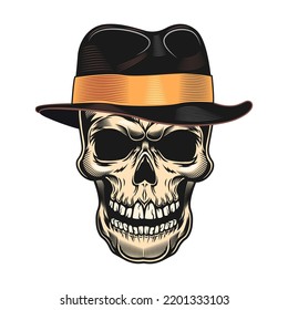 Colored skull badge. Scary skull with gentleman cap isolated vector. Design and racer tattoo