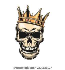 Colored skull badge. Scary skull with gentleman cap, hair and headset isolated vector. Design tattoo