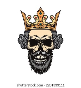Colored skull badge. Scary skull with gentleman cap, hair and headset isolated vector illustration. Design and racer tattoo