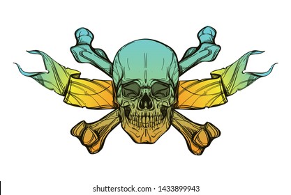 Colored skull with bones and tape on a white background in cartoon style.
