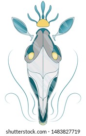 Colored skull of a horse, seahorse, with yellow eyes and blue mustache. Mythical animal, magical artifact.