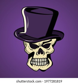 Colored skull with purple hat. Mixed media. T-shirt print. Vector illustration