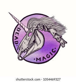 Colored skull of the Unicorn ink-drawn and text dead magic on a watercolor background. Vector illustration of old school style